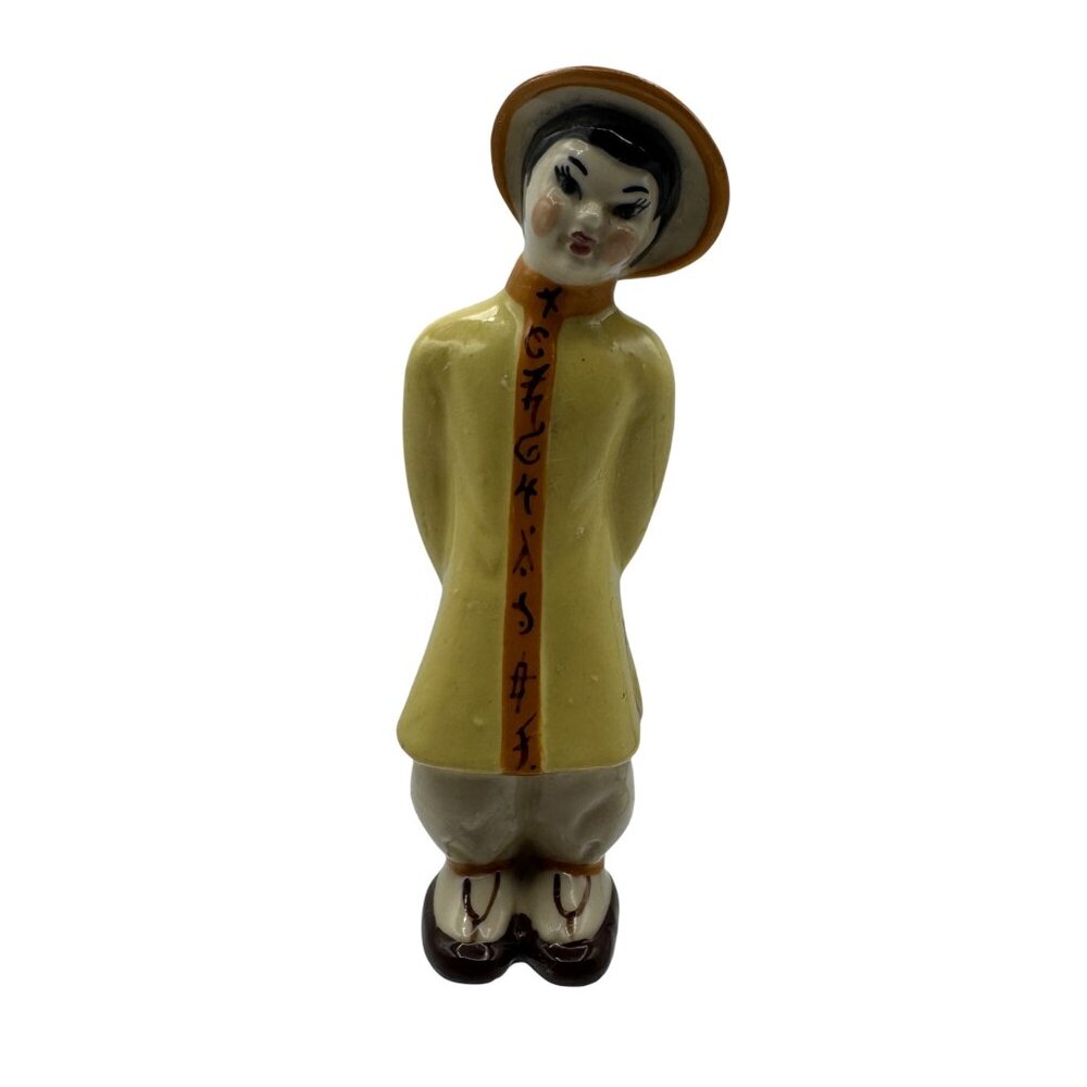 Vintage Ceramic Figurine Asian Boy Yellow Robe Hat Hand-Painted 5.5" Tall